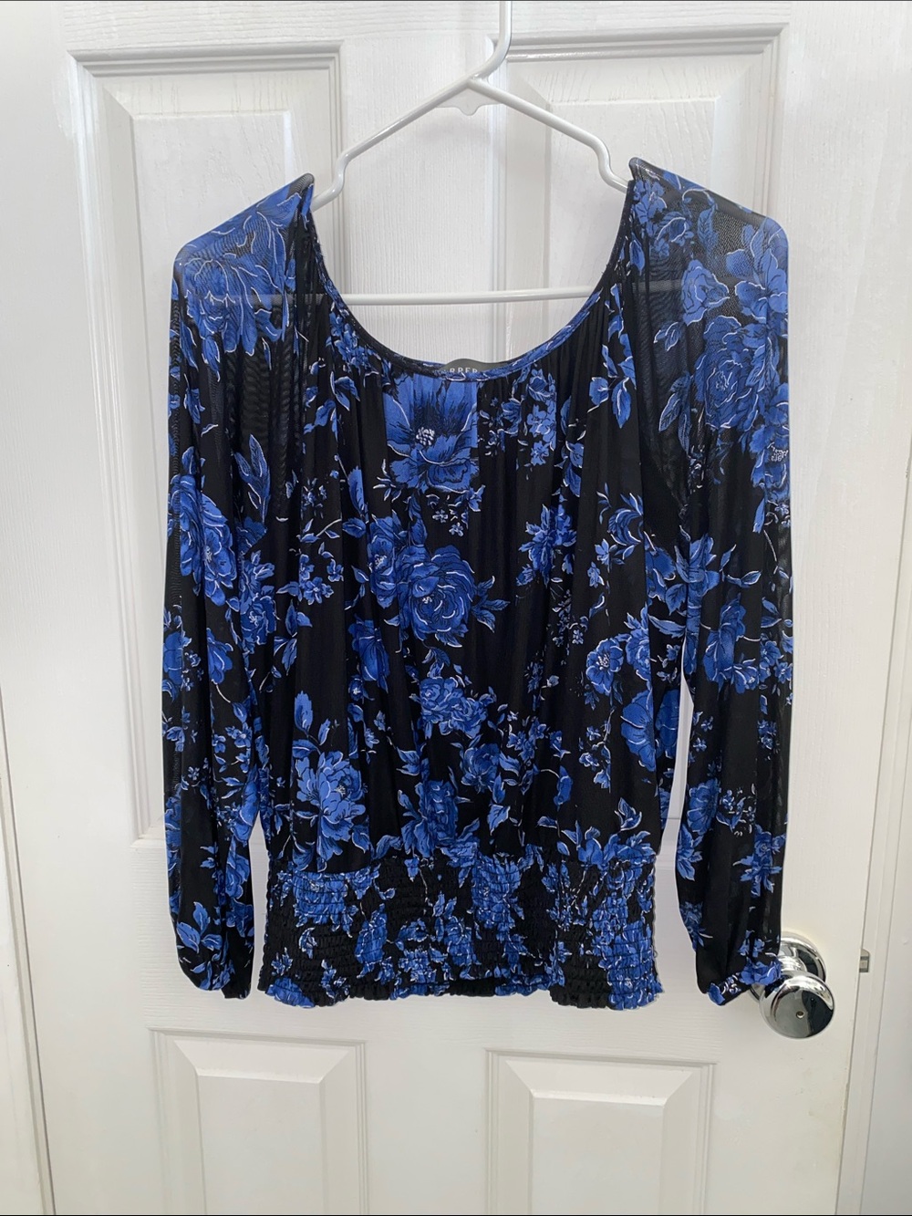 Black Blouse with Blue Floral Print — Long Sleeve Women's Top